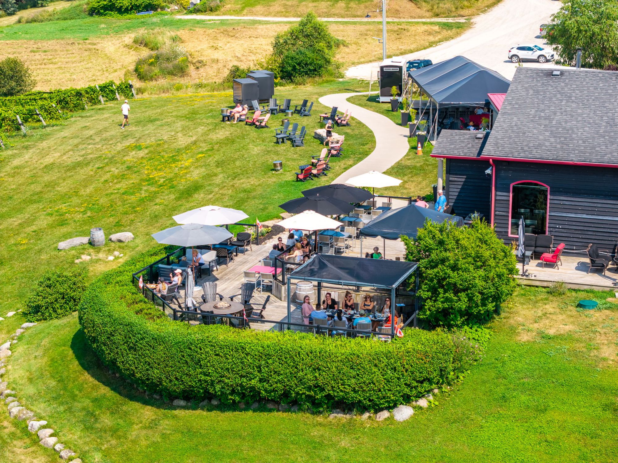 The patio full of guests inside its curved hedge, from above