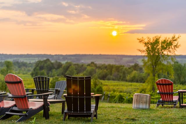 Muskoka chairs on the lawn facing the sunset